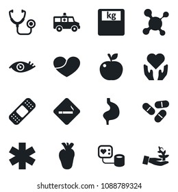 Set of vector isolated black icon - smoking place vector, molecule, stethoscope, blood pressure, scales, pills, patch, ambulance star, car, heart hand, stomach, real, eye, apple fruit, palm sproute