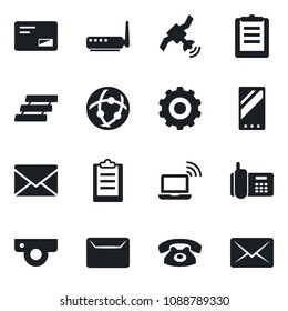 Set of vector isolated black icon - wireless notebook vector, gear, mail, office phone, clipboard, satellite, mobile, network, paper tray, router, web camera