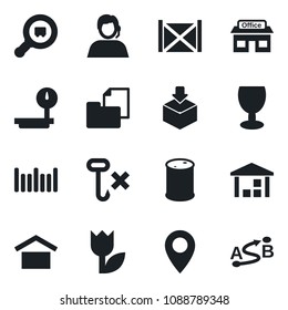 Set of vector isolated black icon - pin vector, store, support, container, folder document, fragile, warehouse storage, no hook, tulip, package, oil barrel, heavy scales, search cargo, barcode