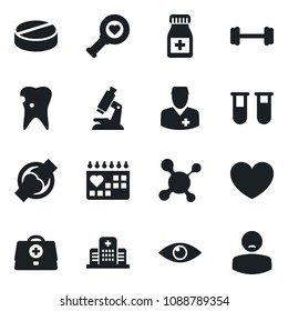 Set of vector isolated black icon - heart vector, doctor case, molecule, blood test vial, diagnostic, microscope, pills, bottle, barbell, caries, eye, joint, medical calendar, hospital, patient