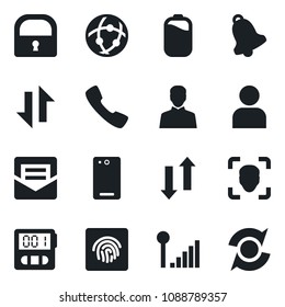 Set of vector isolated black icon - phone back vector, call, user, stopwatch, bell, mail, network, data exchange, lock, face id, fingerprint, cellular signal, battery, update