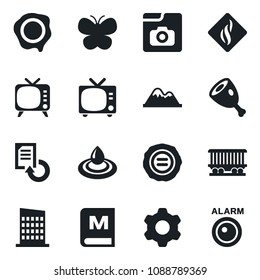 Set of vector isolated black icon - tv vector, document reload, stamp, butterfly, railroad, settings, photo gallery, mountains, city house, menu, ham, water, smoke detector, alarm led