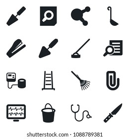 Set of vector isolated black icon - document search vector, trowel, rake, ladder, bucket, hoe, monitor pulse, stethoscope, blood pressure, share, paper clip, stapler, ladle, knife