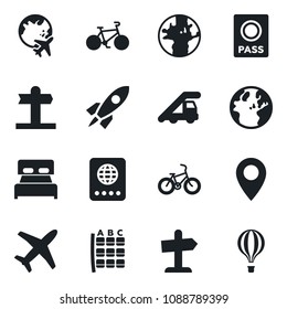 Set of vector isolated black icon - passport vector, ladder car, seat map, plane globe, bike, signpost, earth, pin, bedroom, rocket, guidepost, air balloon