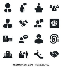 Set of vector isolated black icon - passport control vector, escalator, reception, handshake, speaking man, team, hospital, patient, client, speaker, fingerprint id, estate agent