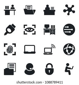 Set of vector isolated black icon - wireless notebook vector, lock, desk, support, share, hdmi, network, document folder, manager, pc, fingerprint, eye scan, man with