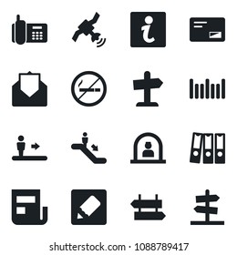 Set of vector isolated black icon - escalator vector, no smoking, signpost, reception, office phone, barcode, satellite, mail, notes, news, paper binder, information, guidepost