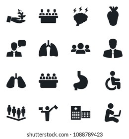 Set of vector isolated black icon - dispatcher vector, team, brainstorm, meeting, disabled, stomach, lungs, real heart, hospital, client, speaker, group, palm sproute, man with notebook