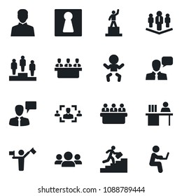 Set of vector isolated black icon - dispatcher vector, female, baby, speaking man, pedestal, meeting, speaker, user, hr, manager desk, career ladder, company, group, with notebook