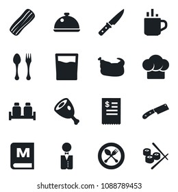 Set of vector isolated black icon - hot cup vector, spoon and fork, waiter, dish, cook hat, menu, drink, bacon, salt pepper, restaurant receipt, chicken, ham, knife, sushi