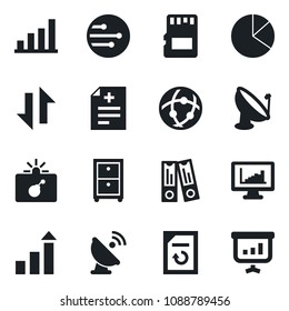 Set of vector isolated black icon - bomb in case vector, growth statistic, office binder, document reload, diagnosis, satellite antenna, sd, network, data exchange, monitor statistics, bar graph