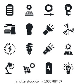 Set of vector isolated black icon - bulb vector, factory, battery, torch, brightness, charge, desk lamp, sun panel, windmill, energy saving, idea