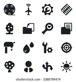Set of vector isolated black icon - plane radar vector, heart diagnostic, pills blister, route, folder document, reel, root setup, target, water supply, fruit tree, estate agent, alarm led