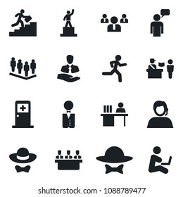 Set of vector isolated black icon - passport control vector, medical room, speaking man, pedestal, team, run, support, client, manager desk, meeting, career ladder, waiter, dress code, with notebook