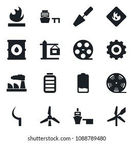 Set of vector isolated black icon - gear vector, factory, trowel, sickle, sea port, flammable, oil barrel, reel, battery, low, windmill, crane