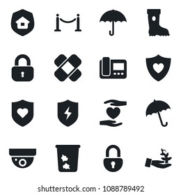 Set of vector isolated black icon - fence vector, umbrella, trash bin, boot, patch, heart shield, hand, protect, lock, estate insurance, intercome, surveillance, palm sproute