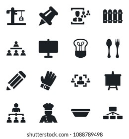 Set of vector isolated black icon - spoon and fork vector, hierarchy, presentation board, pencil, glove, paper pin, hr, fence, crane, cook, bowl, bulb
