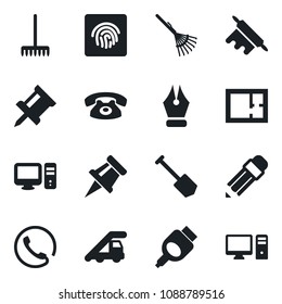Set of vector isolated black icon - ladder car vector, job, rake, hdmi, fingerprint id, drawing pin, ink pen, pencil, plan, phone, rolling, pc