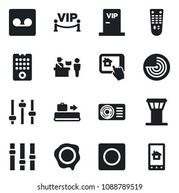Set of vector isolated black icon - airport tower vector, baggage conveyor, passport control, radar, stamp, settings, remote, tuning, record, air conditioner, vip zone, home app