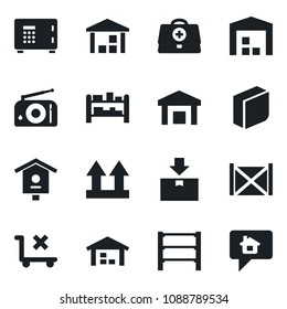 Set of vector isolated black icon - safe vector, bird house, doctor case, container, up side sign, no trolley, warehouse, package, rack, radio, blank box, home message