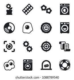 Set of vector isolated black icon - ticket office vector, washer, gear, contract, circle chart, stamp, pills blister, eye id, target, flower in pot, omelette, crisis management