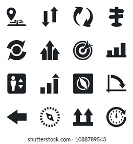 Set of vector isolated black icon - elevator vector, left arrow, growth statistic, crisis graph, signpost, navigation, up side sign, update, data exchange, compass, bar, target, clock