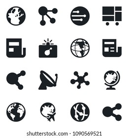 \Set of vector isolated black icon - satellite antenna vector, bomb in case, globe, plane, earth, consolidated cargo, network, share, news, social media