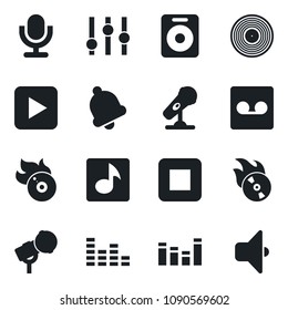\Set of vector isolated black icon - vinyl vector, flame disk, microphone, settings, equalizer, speaker, play button, stop, bell, record, music, sound