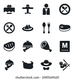 \Set of vector isolated black icon - spoon and fork vector, waiter, restaurant table, serviette, cafe, menu, dress code, chicken, steak, ham, sushi