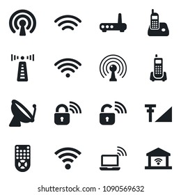 \Set of vector isolated black icon - antenna vector, satellite, wireless notebook, office phone, remote control, radio, cellular signal, lock, router, garage gate