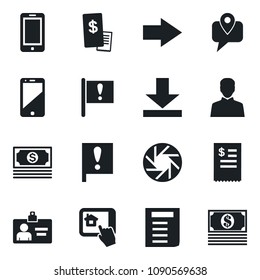\Set of vector isolated black icon - right arrow vector, mobile phone, identity card, document, important flag, cash, tracking, cell, camera, user, download, restaurant receipt, home control app
