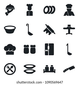 \Set of vector isolated black icon - fridge vector, cook, restaurant table, cafe, hat, plates, waiter, salt and pepper, ladle, bowl, rolling pin, knife