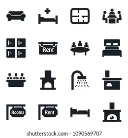 \Set of vector isolated black icon - bed vector, shower, checkroom, meeting, fireplace, hospital, plan, rent, rooms, bedroom, cushioned furniture