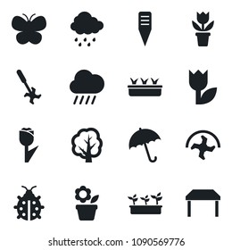 \Set of vector isolated black icon - umbrella vector, flower in pot, ripper, tree, butterfly, lady bug, seedling, rain, plant label, tulip, table