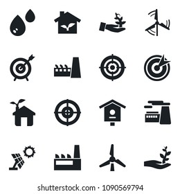 \Set of vector isolated black icon - factory vector, bird house, target, windmill, eco, water, sun panel, palm sproute