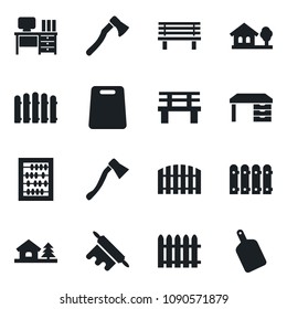 \Set of vector isolated black icon - abacus vector, desk, fence, axe, bench, house with tree, rolling pin, cutting board