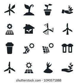 \Set of vector isolated black icon - seedling vector, sproute, sun panel, windmill, eco house, water filter, palm