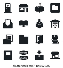 \Set of vector isolated black icon - shop vector, medical room, book, package, mail, folder, copybook, document, mailbox, open close, garage gate control, door, storefront