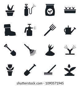 \Set of vector isolated black icon - job vector, flower in pot, shovel, farm fork, rake, seedling, watering can, sproute, boot, garden sprayer, fertilizer, irrigation