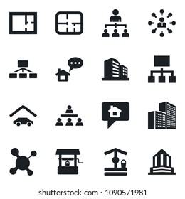 \Set of vector isolated black icon - hierarchy vector, well, molecule, office building, garage, plan, home message