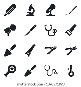 \Set of vector isolated black icon - trowel vector, pruner, saw, stethoscope, thermometer, heart diagnostic, microscope, scalpel, microphone