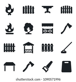 \Set of vector isolated black icon - fence vector, tree, saw, fire, hoe, axe, table, alcove, cutting board