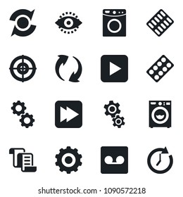 \Set of vector isolated black icon - gear vector, contract, pills blister, play button, fast forward, update, record, eye id, target, washer, clock