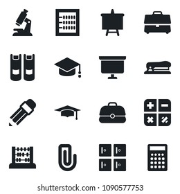 \Set of vector isolated black icon - checkroom vector, book, calculator, graduate, abacus, presentation board, microscope, case, paper clip, pencil, stapler