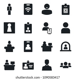 Set of vector isolated black icon - female vector, reception, manager, identity card, place, patient, user, pass, group