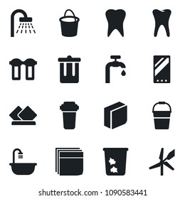 Set of vector isolated black icon - trash bin vector, shower, bucket, tooth, mobile, blank box, water supply, bathroom, serviette, filter, windmill