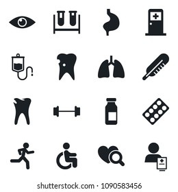 \Set of vector isolated black icon - medical room vector, blood test vial, dropper, thermometer, heart diagnostic, pills blister, ampoule, barbell, run, disabled, stomach, lungs, caries, eye