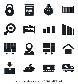 \Set of vector isolated black icon - pin vector, sea shipping, cargo container, consolidated, warehouse storage, package, sorting, heavy, search, rack, railroad, mailbox, moving
