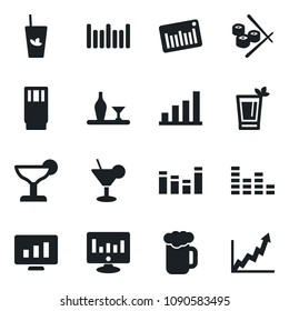 Set of vector isolated black icon - statistic monitor vector, barcode, equalizer, bar graph, alcohol, drink, cocktail, phyto, beer, sushi, growth