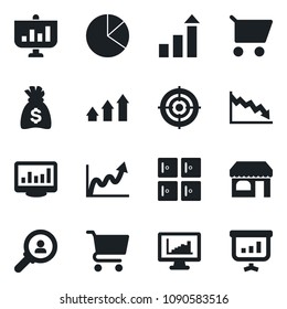 Set of vector isolated black icon - shop vector, checkroom, growth statistic, money bag, monitor statistics, pie graph, target, consumer search, arrow up, crisis, cart, presentation